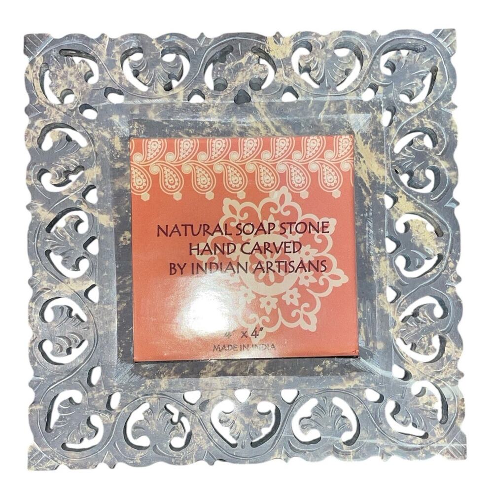 Hand Carved Natural Soap Stone Photo Frame 4"x 4"